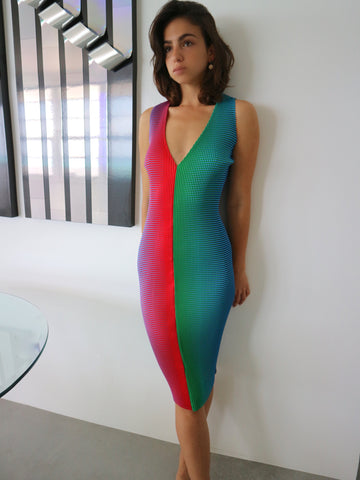 Kitty Joseph - Iridescent Stripe Crystal Pleated Crepe V-Neck Dress